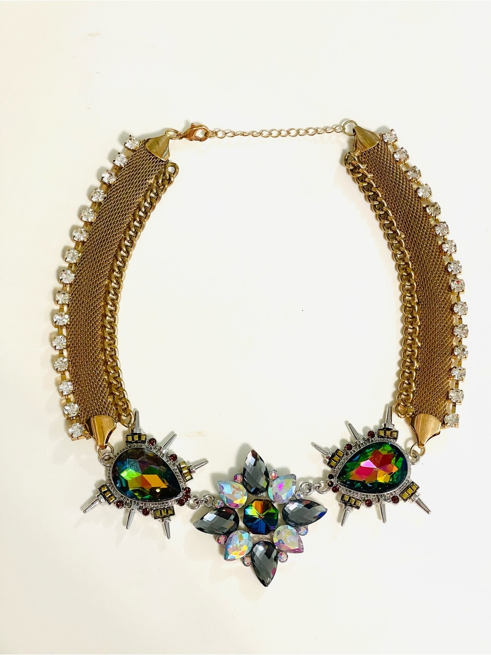 DRAGON TEARS Large STATEMENT Necklace Aurora Borealis Gold Tone Cosplay Meash